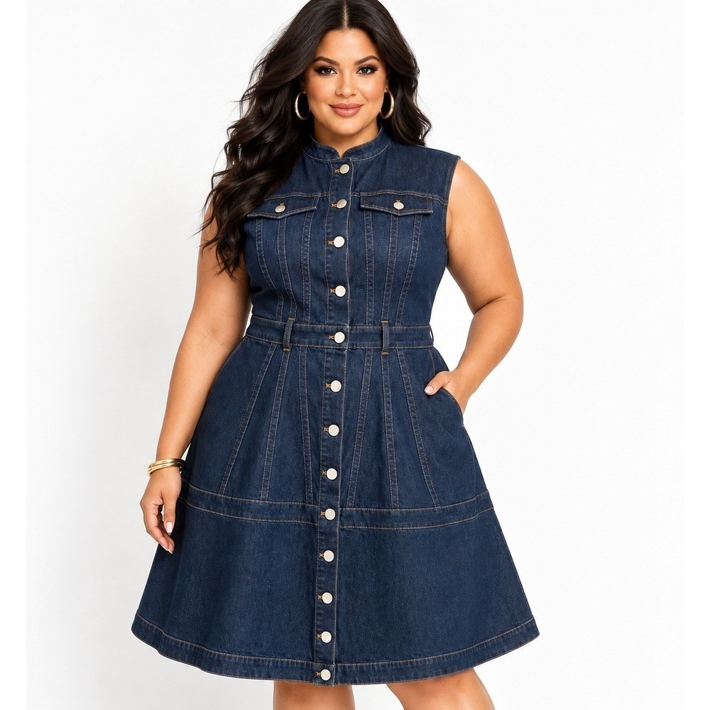 Eloquii Fit & Flare Denim Dress Blue 16W Sleeveless Button Front Midi New